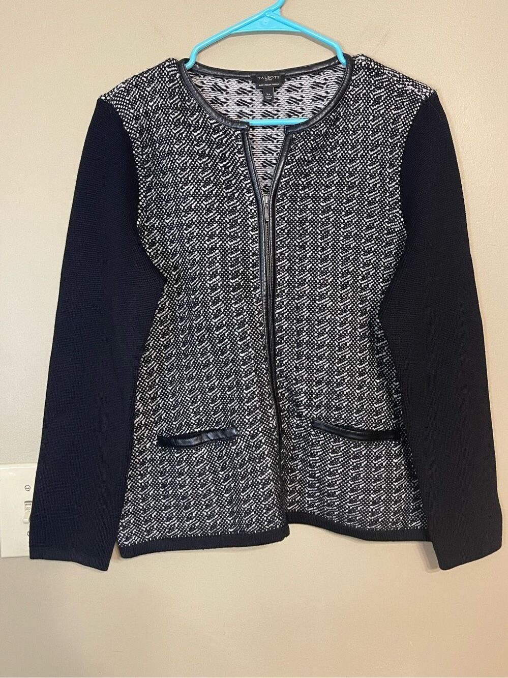 Talbots Pure Italian Merino Wool Zip Sweater Black White Petite Large